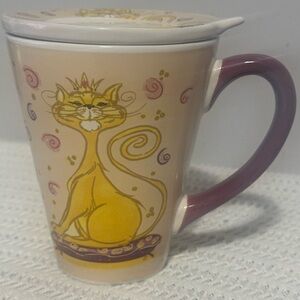 Whimsical Cat Mug with Lid - happiness is owned by a cat